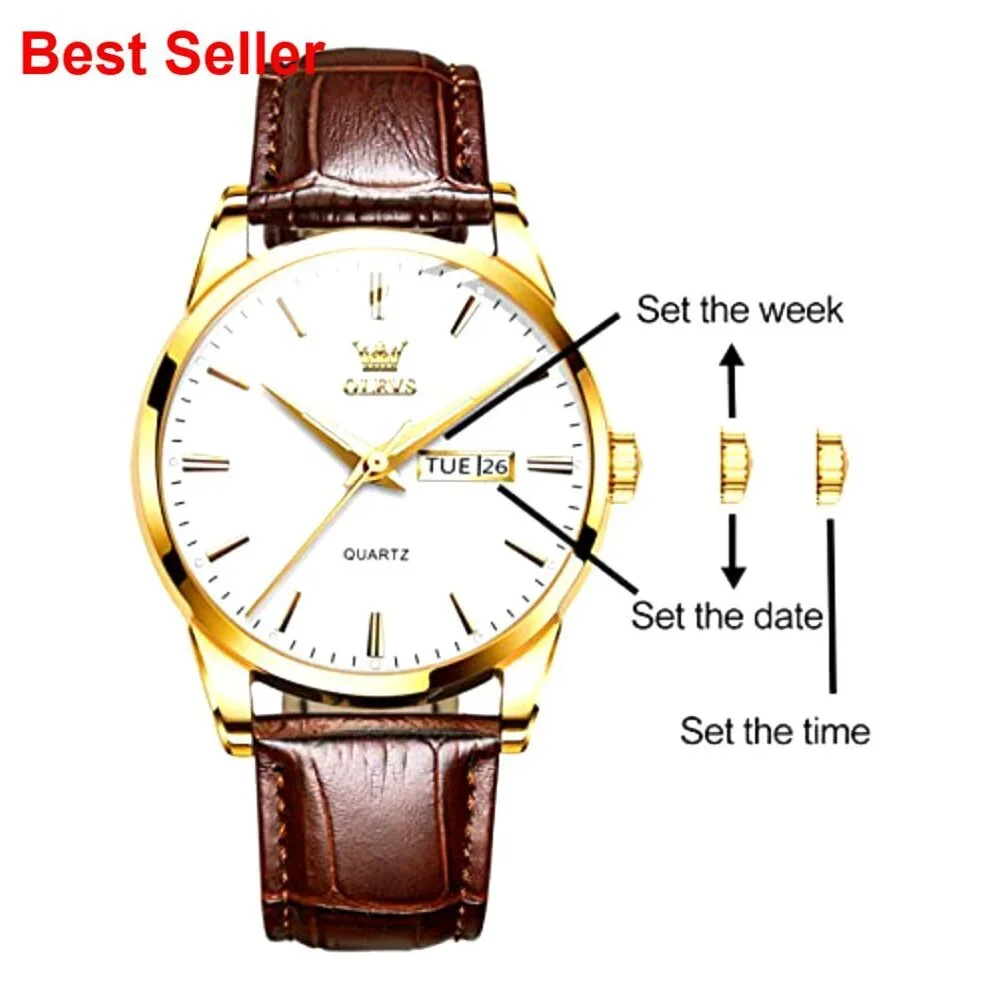 Men's Casual Leather Watch with Date, Waterproof Quartz Movement